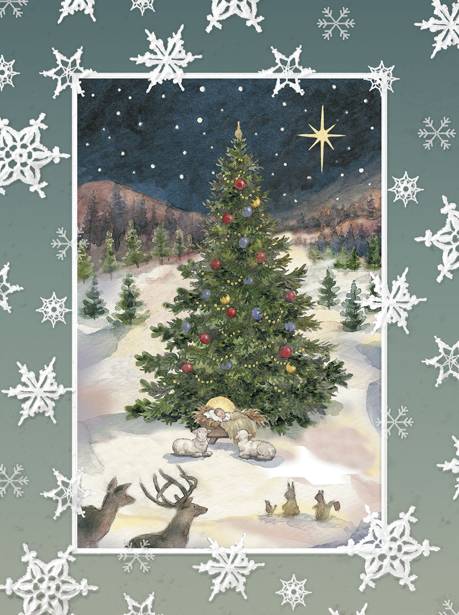 Baby Jesus Under Tree w Psalm 33:5 Embossed Christmas Card