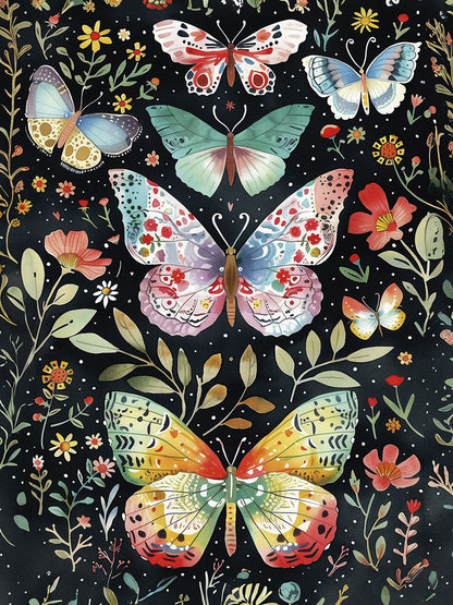Vibrant greeting card front with a detailed illustration of colorful butterflies and diverse wildflowers on a dark, artistic background.