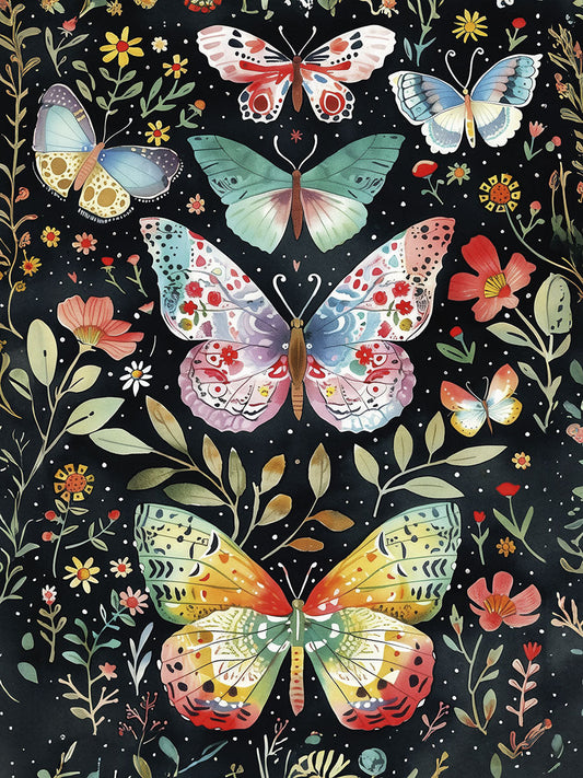 Vibrant greeting card front with a detailed illustration of colorful butterflies and diverse wildflowers on a dark, artistic background.
