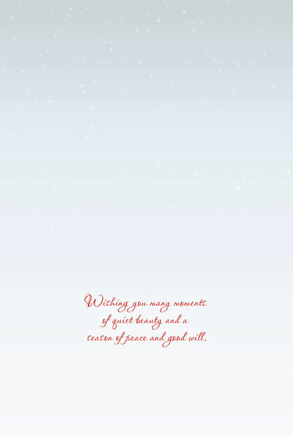 Inside of a greeting card with a light blue snowflake background and red script message: "Wishing you many moments of quiet beauty and a season of peace and good will."