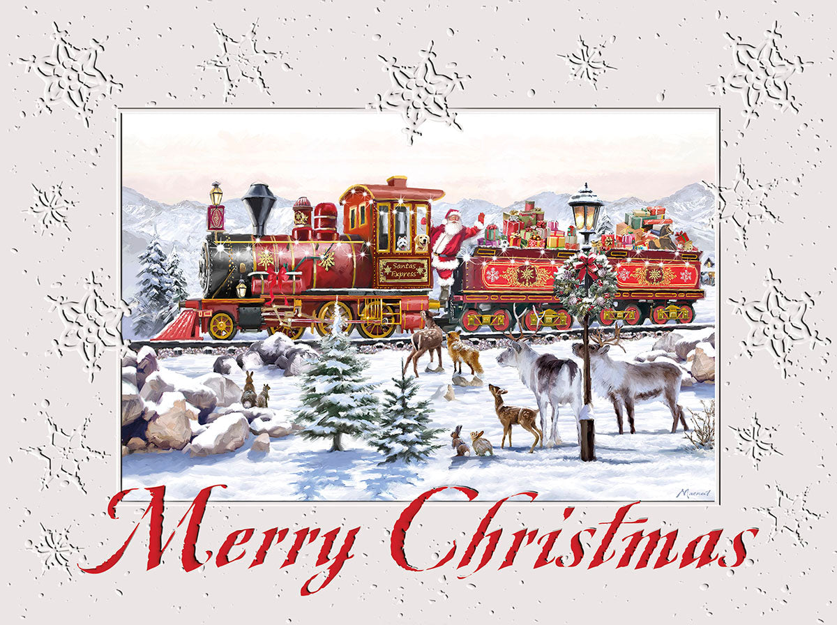 Christmas card front: Santa on vintage red train waving to deer, rabbits in snowy mountains with snowflakes. Merry Christmas text.