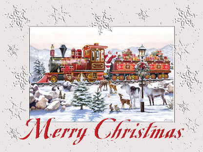 Christmas card front: Santa on vintage red train waving to deer, rabbits in snowy mountains with snowflakes. Merry Christmas text.