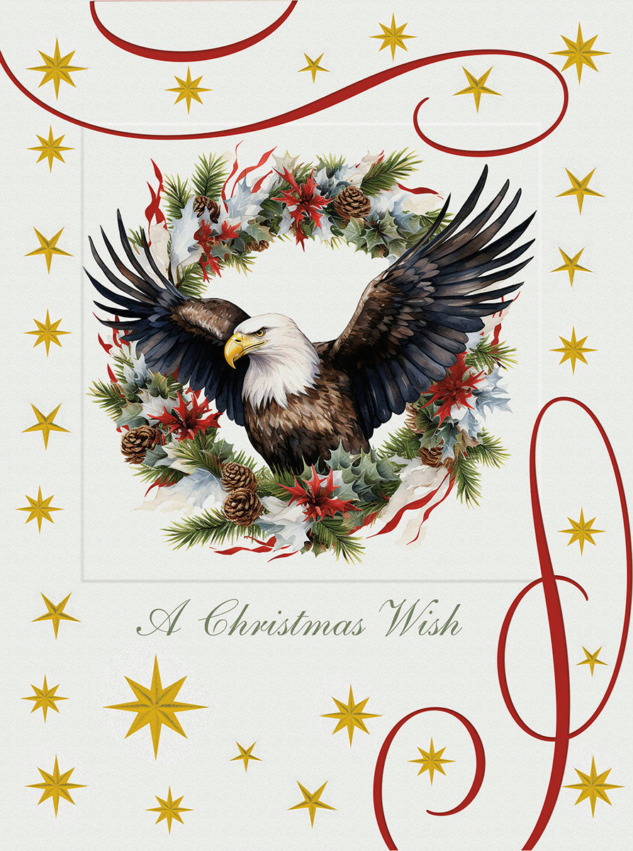 Majestic bald eagle soaring from a vibrant holiday wreath on a white greeting card front, surrounded by gold stars and red flourishes. The wreath features deep green pine, red poinsettias, white berries, and pinecones. Text reads 'A Christmas Wish'.