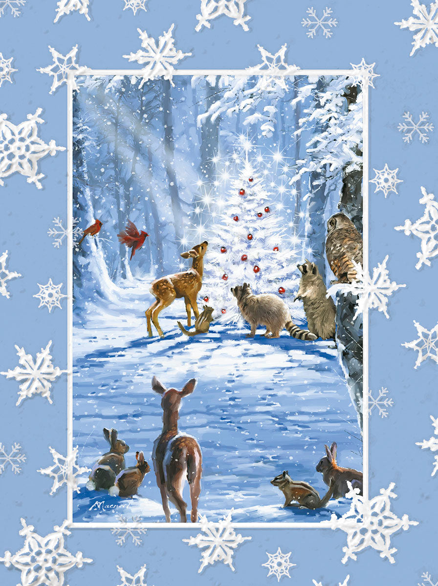 Front of a beautiful Christmas greeting card depicting forest animals gathered around a decorated tree in a snowy winter wonderland.