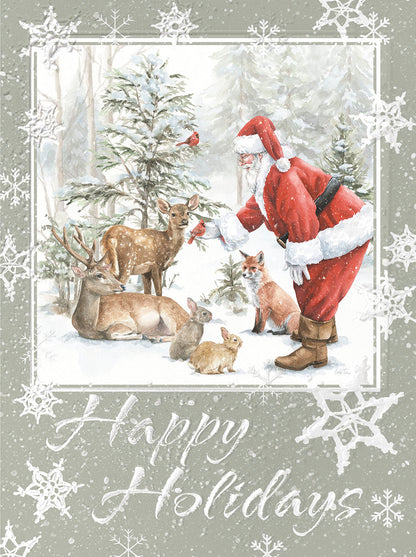 Watercolor painting of Santa Claus bending down to feed woodland animals like deer, fox, and rabbits in a snowy forest. Snowflakes border a 'Happy Holidays' greeting.