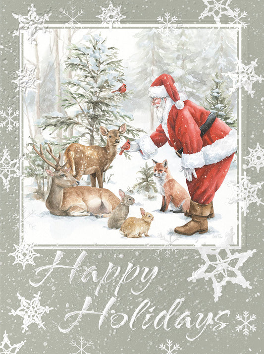 Watercolor painting of Santa Claus bending down to feed woodland animals like deer, fox, and rabbits in a snowy forest. Snowflakes border a 'Happy Holidays' greeting.