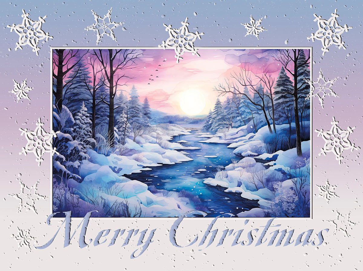 Winter landscape greeting card with serene river, snow-covered trees, and vibrant sunset. Features "Merry Christmas" and snowflakes.