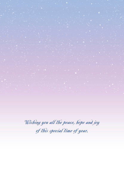 Inside of a peaceful holiday greeting card with text: "Wishing you all the peace, hope and joy of this special time of year."