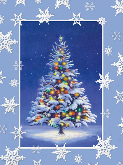 Christmas greeting card with a snow-covered, lit evergreen tree on a starry blue background, framed by white snowflakes.