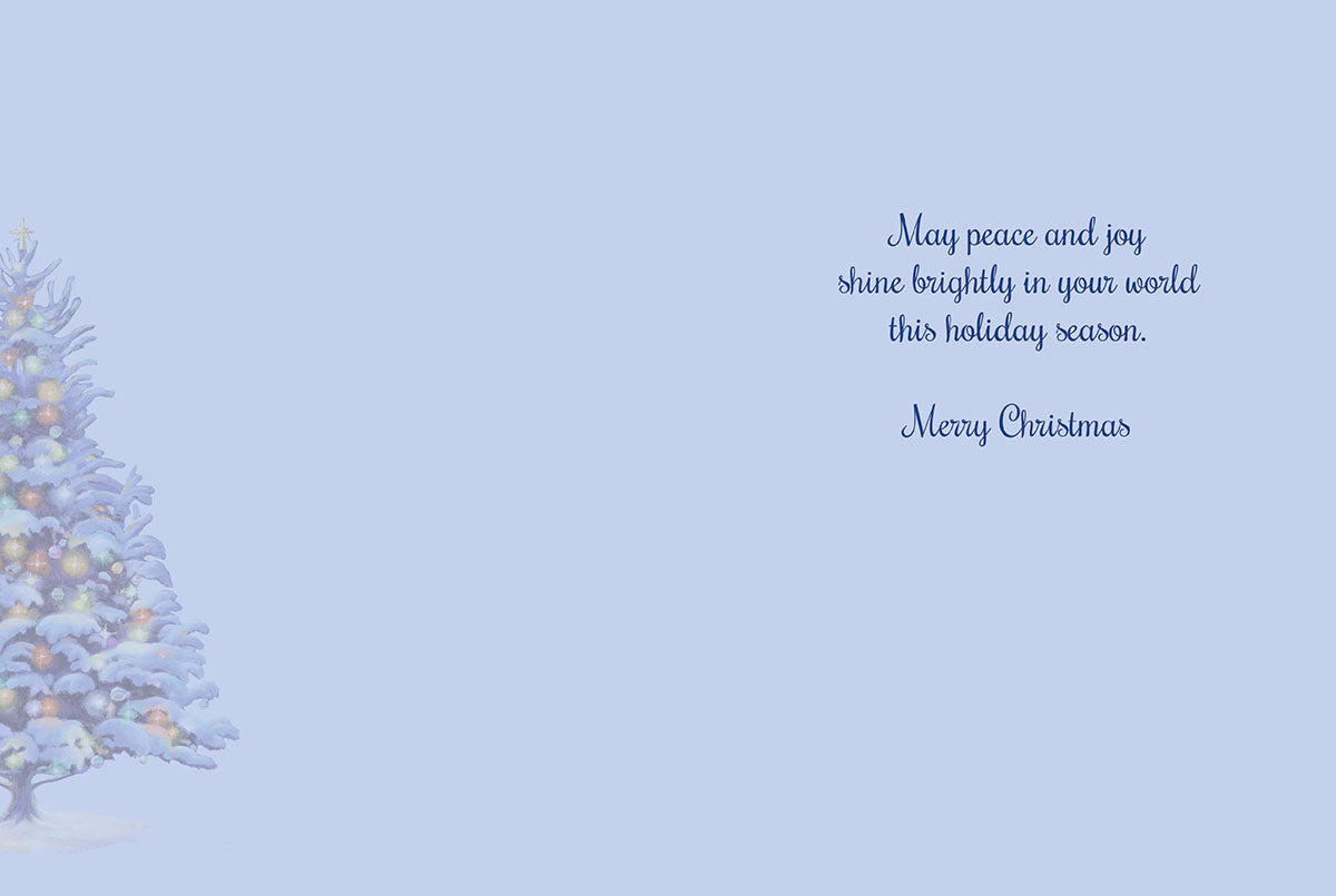 Inside Christmas card with a partially visible decorated tree on the left and 'May peace and joy shine brightly' message.
