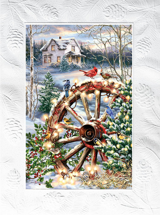 A beautiful winter scene with a wagon wheel decorated with Christmas lights, birds, and a snow-covered farmhouse in the background.