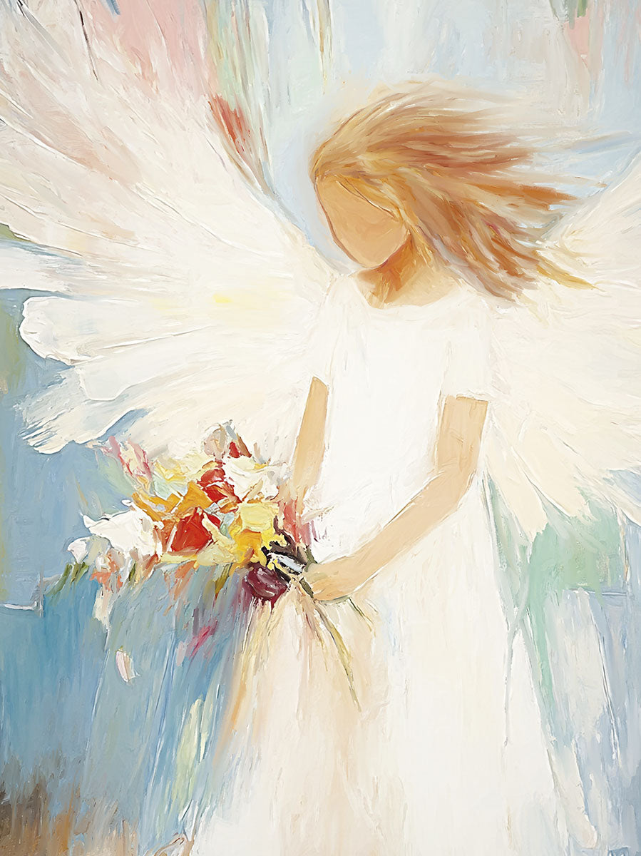 Abstract painting of an angel with flowing hair, white wings, holding a vibrant bouquet of flowers against a soft blue and pink background.