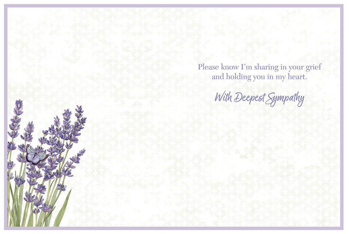 Inside view of sympathy card with lavender flowers and text: 'Please know I'm sharing in your grief and holding you in my heart. With Deepest Sympathy'