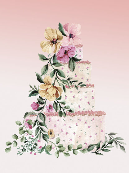 Watercolor wedding cake card featuring three tiers adorned with yellow, pink, and purple flowers and delicate green foliage on a pink gradient.