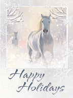 Elegant white horse galloping through a peaceful, snowy winter landscape under a bright, glowing sky, with a second horse in the background and 'Happy Holidays' text, framed by delicate snowflakes. Ideal for a serene seasonal greeting.