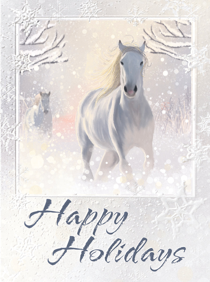 Elegant white horse galloping through a peaceful, snowy winter landscape under a bright, glowing sky, with a second horse in the background and 'Happy Holidays' text, framed by delicate snowflakes. Ideal for a serene seasonal greeting.