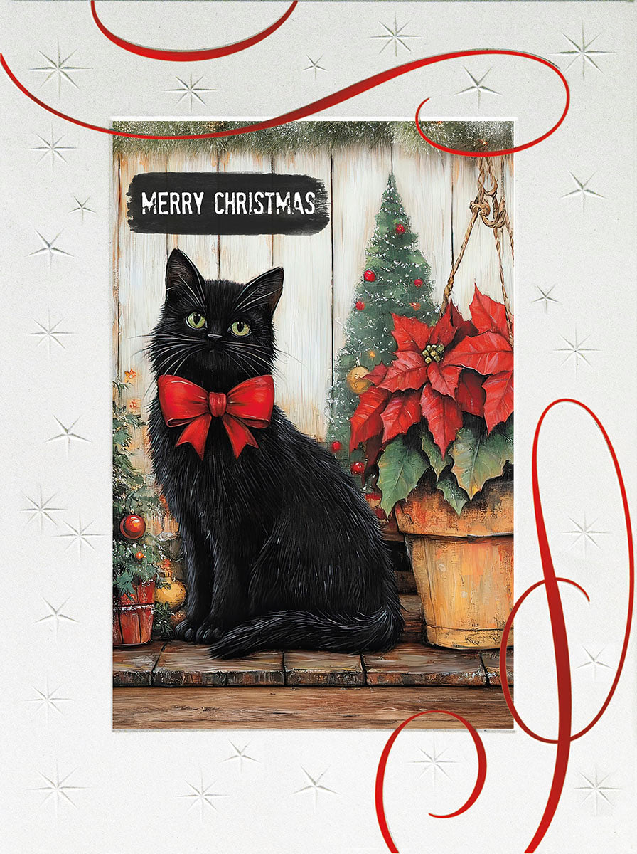 Festive black cat wearing a red bow tie in a rustic setting with poinsettias, mini pine trees, and a 'MERRY CHRISTMAS' sign. Front of a holiday greeting card.