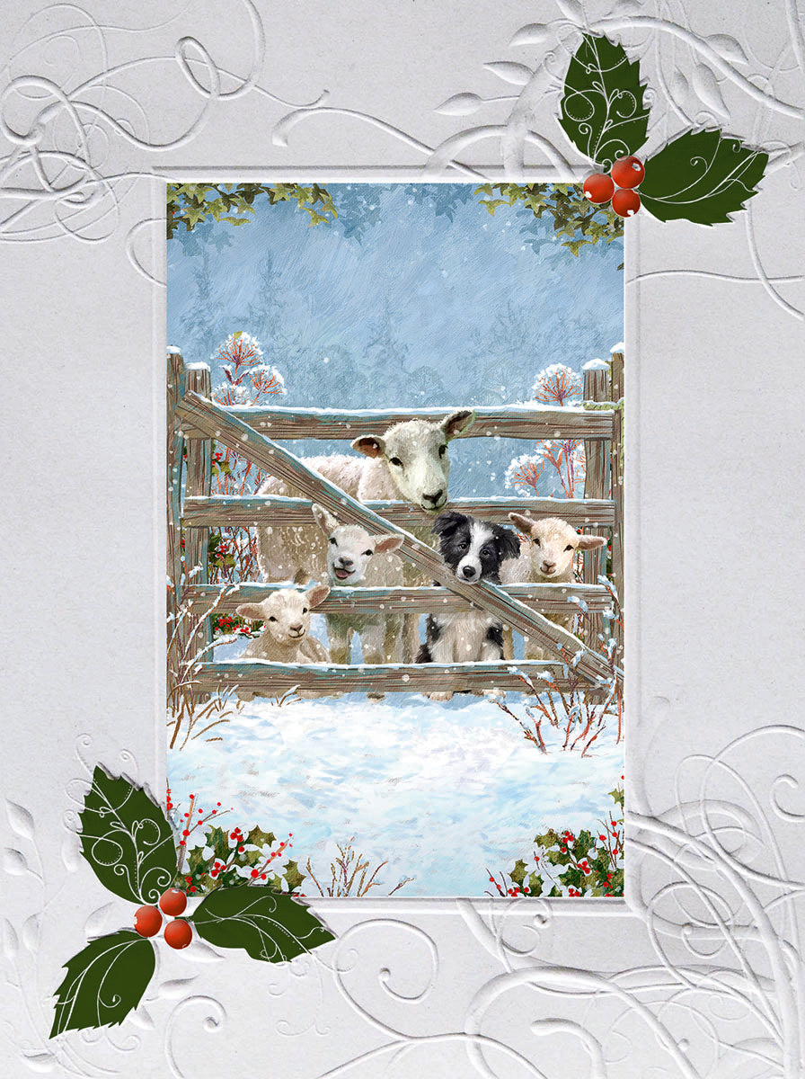 Cute winter holiday greeting card featuring a mother sheep, three lambs, and a border collie dog peeking over a snowy wooden fence, adorned with white embossed swirls and holly sprigs.