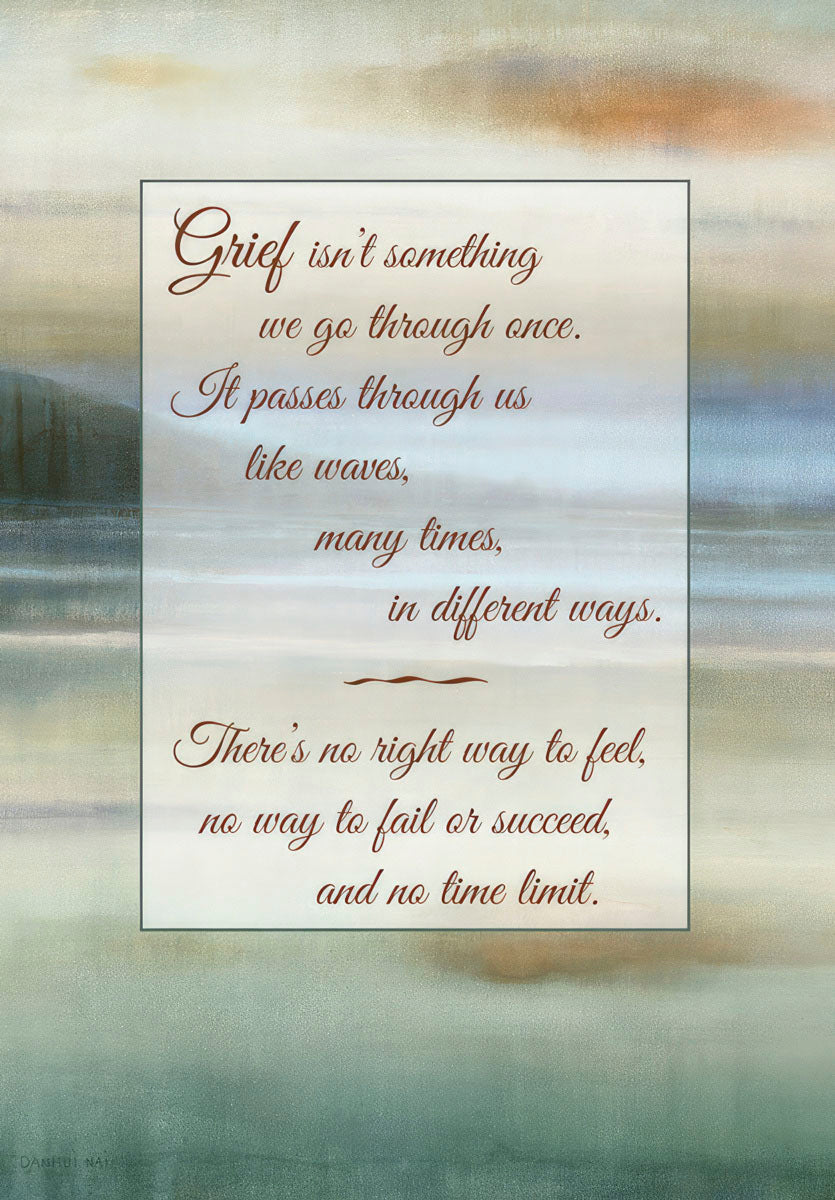 Front of a heartfelt sympathy greeting card featuring an abstract watercolor landscape of gentle waves in muted greens, blues, and browns. A framed quote reads: 'Grief isn't something we go through once. It passes through us like waves, many times, in different ways. There's no right way to feel, no way to fail or succeed, and no time limit.'
