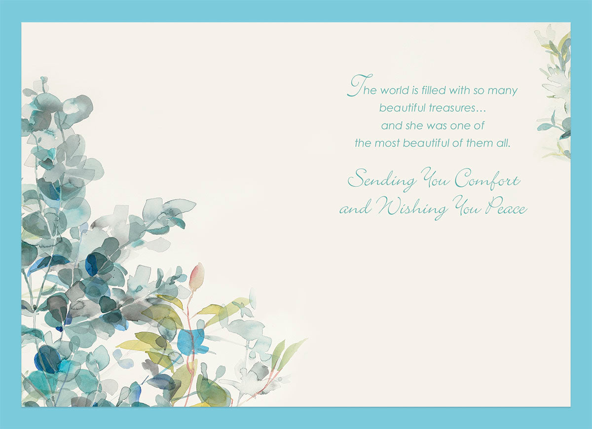 Inside of a sympathy greeting card with watercolor eucalyptus, border, and comforting message about a beautiful treasure.
