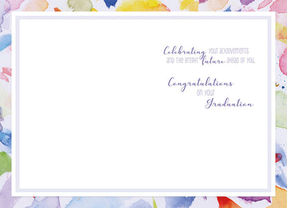 Inside of a graduation card with 'Celebrating your achievements and the bright future ahead of you. Congratulations on your Graduation' message with watercolor border.