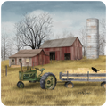 Vintage green tractor coaster featuring a rustic farm scene with red barns, a silo, golden fields, and a black cat on a hay wagon under a cloudy sky.