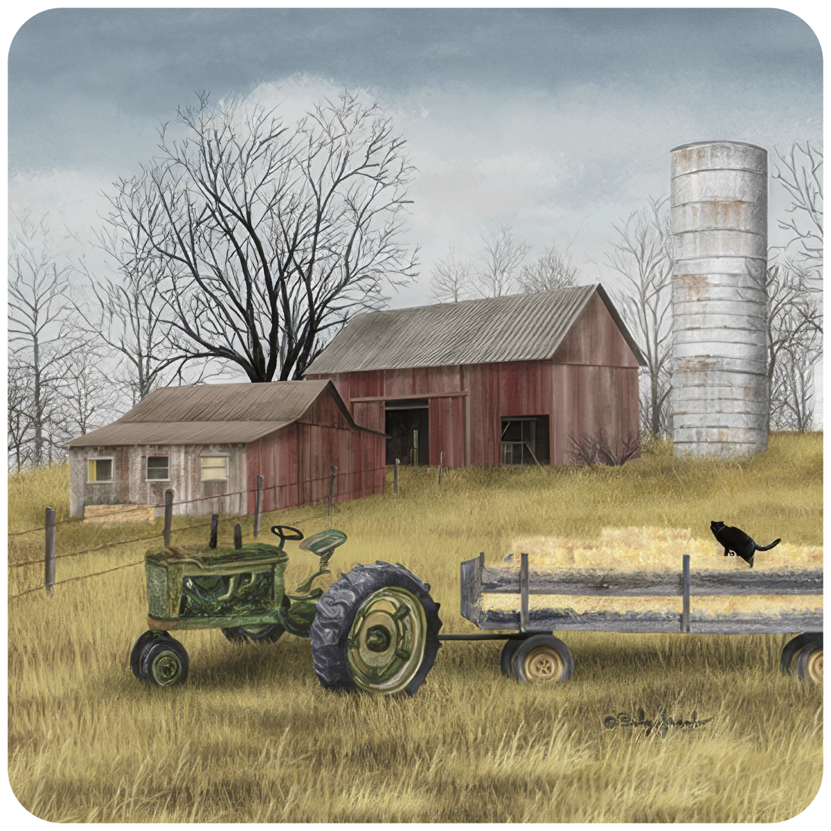 Vintage green tractor coaster featuring a rustic farm scene with red barns, a silo, golden fields, and a black cat on a hay wagon under a cloudy sky.