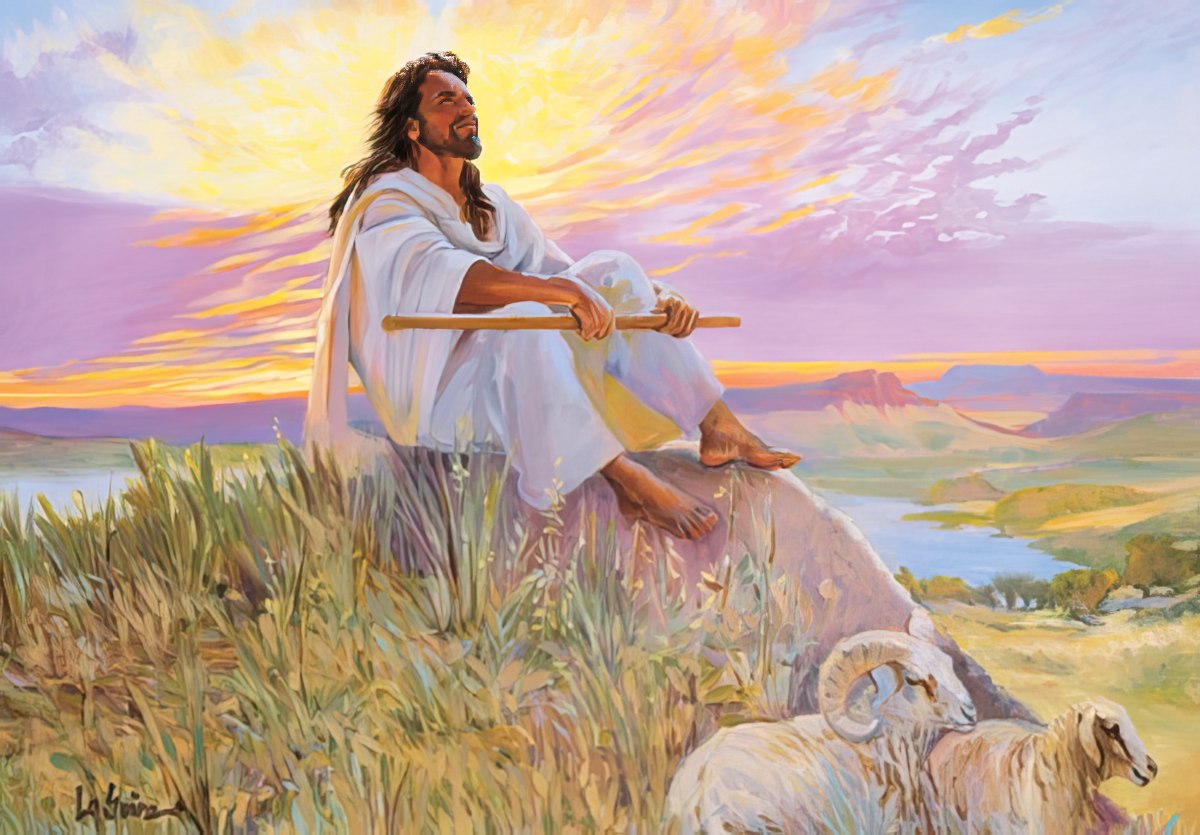 Jesus on rock holding staff