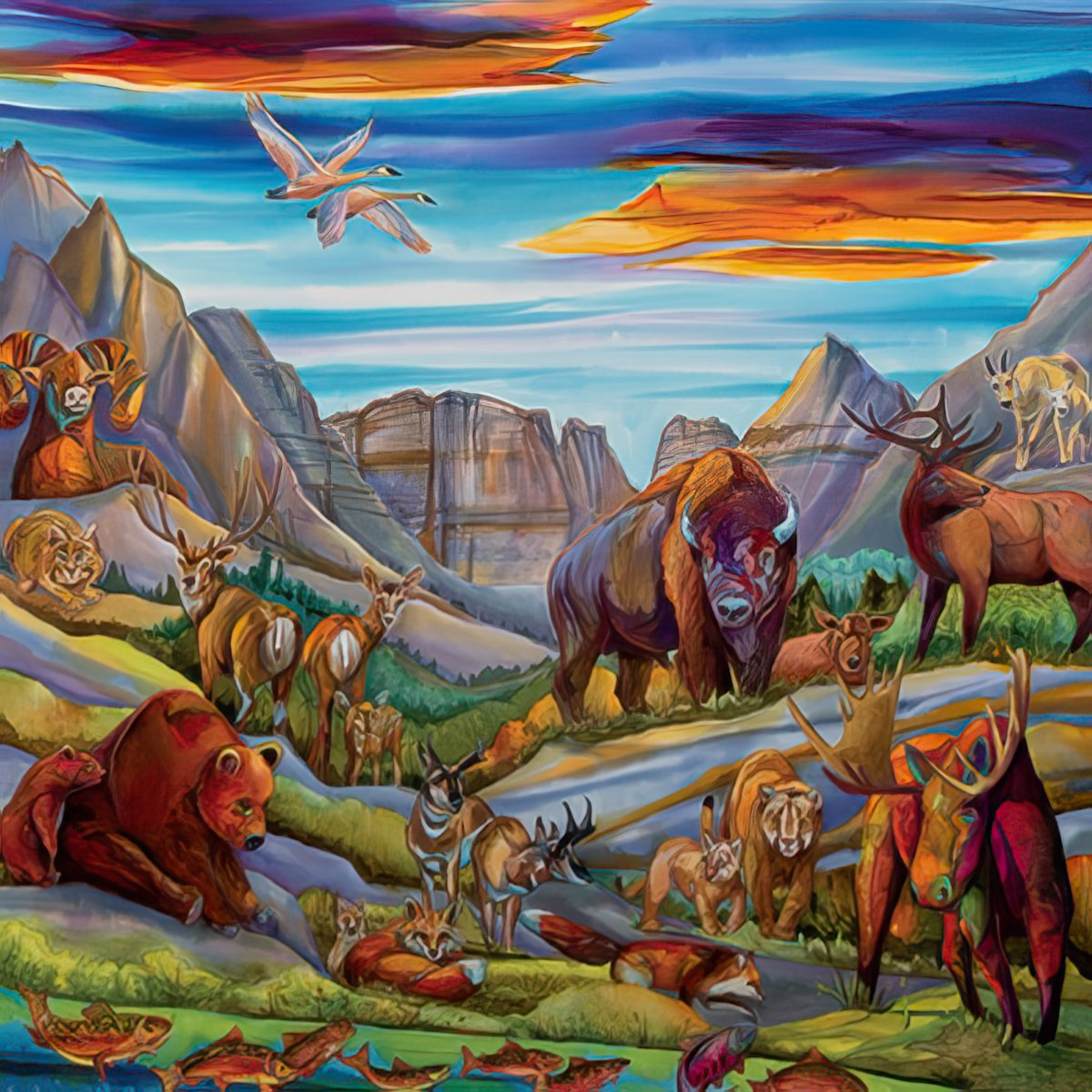 Colorful Image of Wildlife and Mountains Birthday Card