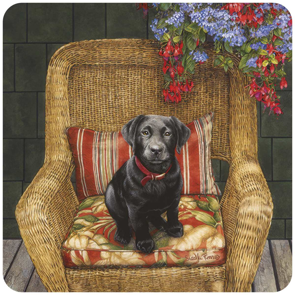 Adorable black Labrador puppy coaster, featuring a lab puppy on a wicker chair with floral cushions and hanging flowers, ideal for dog lovers and pet enthusiasts.