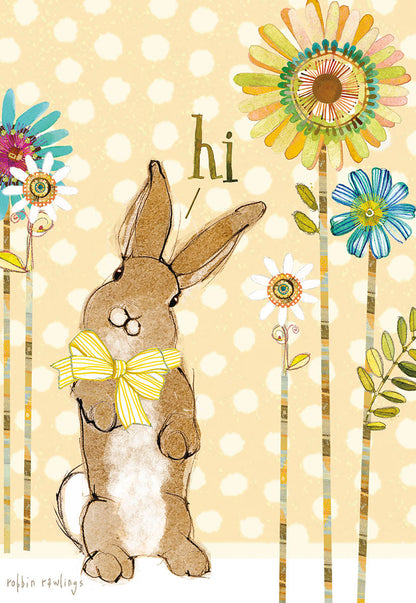 Front of cute Easter card with brown bunny in yellow bow, colorful whimsical flowers, and "hi" on a cream polka dot background.