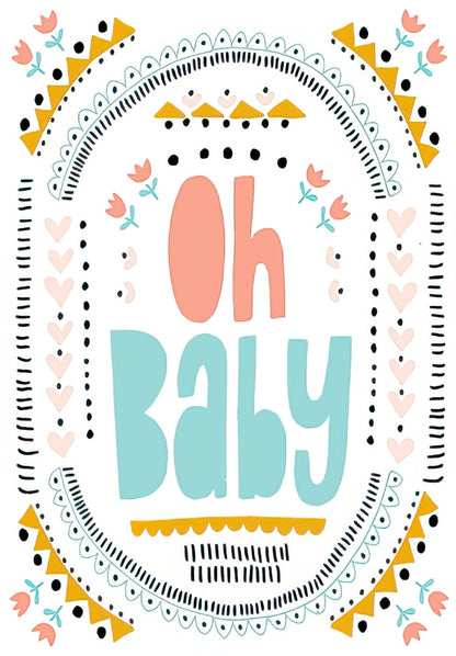 Front of a modern baby greeting card with 'Oh Baby' in peach and teal, framed by folk-art patterns and tiny flowers.