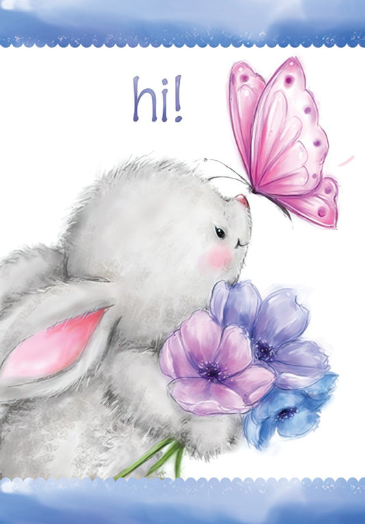Cute white bunny holding purple flowers looking at a pink butterfly on an Easter greeting card cover, with 'hi!' text.