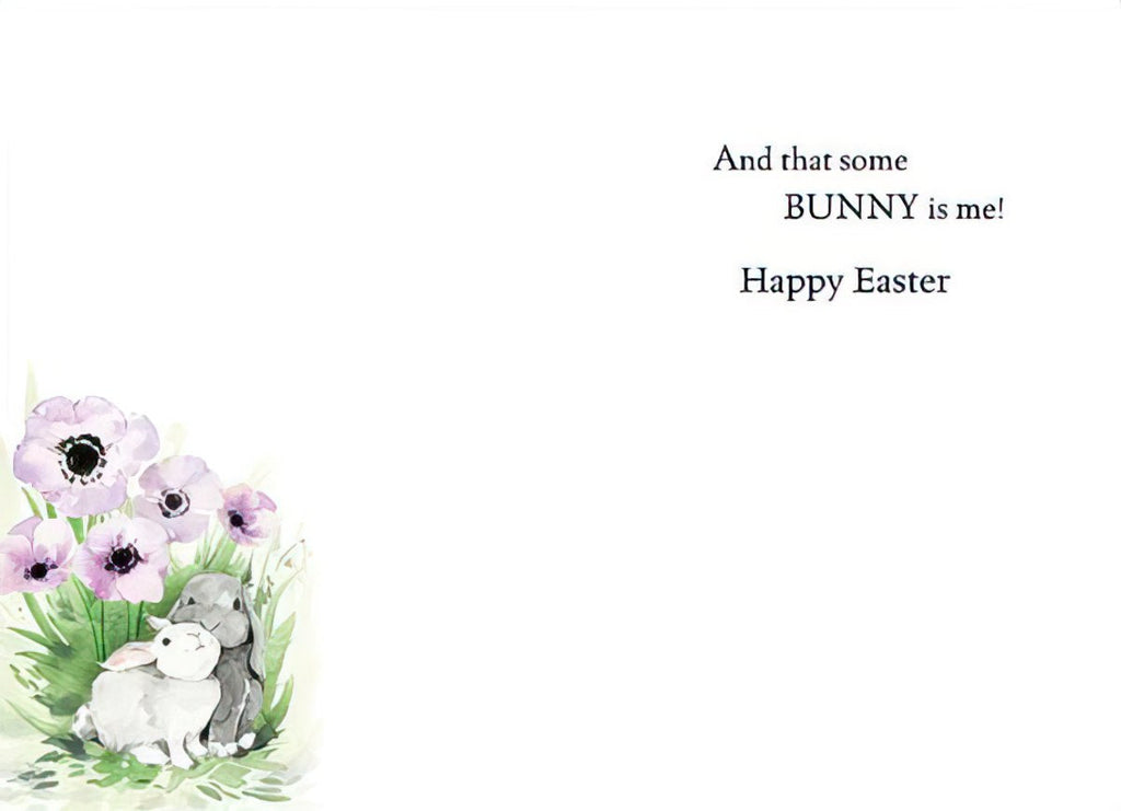 Inside of a heartwarming spring greeting card, showing a continuation of the watercolor bunnies and purple flowers in the bottom left, with the sweet message 'And that some BUNNY is me! Happy Easter' on a clean white background, ideal for conveying affection.