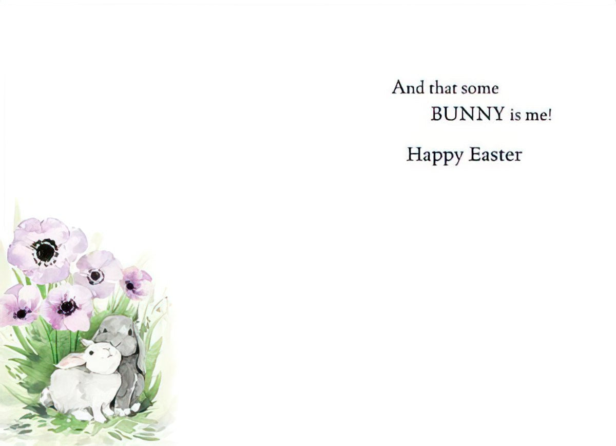 Inside of a heartwarming spring greeting card, showing a continuation of the watercolor bunnies and purple flowers in the bottom left, with the sweet message 'And that some BUNNY is me! Happy Easter' on a clean white background, ideal for conveying affection.