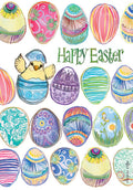 Watercolor illustration of vibrant, patterned spring eggs with a cheerful baby chick hatching from a blue egg, perfect for spring holiday greetings.