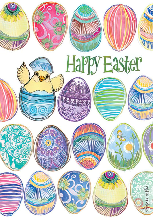 Front of a cheerful Easter greeting card featuring a chick hatching from a colorful egg, surrounded by various decorated Easter eggs, with 'Happy Easter' text.