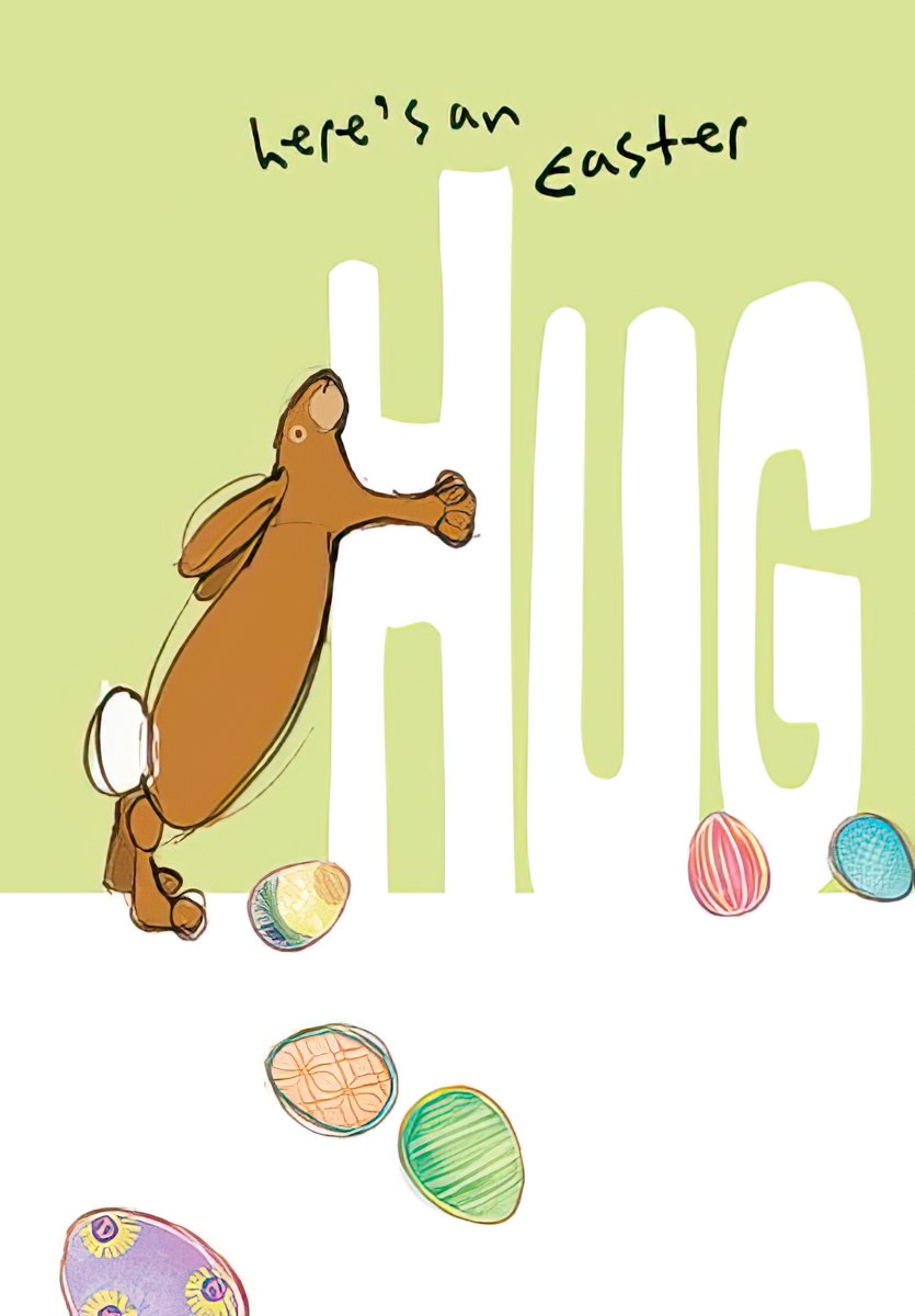 Cute Easter bunny hugging a large 'HUG' text with colorful eggs, perfect for a sweet Easter greeting card.