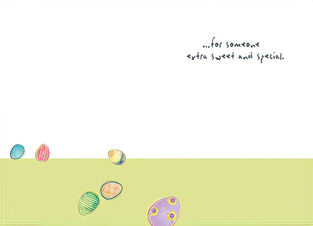 Inside of a sweet Easter card, showing colorful patterned eggs on a light green base, with the handwritten text '...for someone extra sweet and special.' Ideal for children.