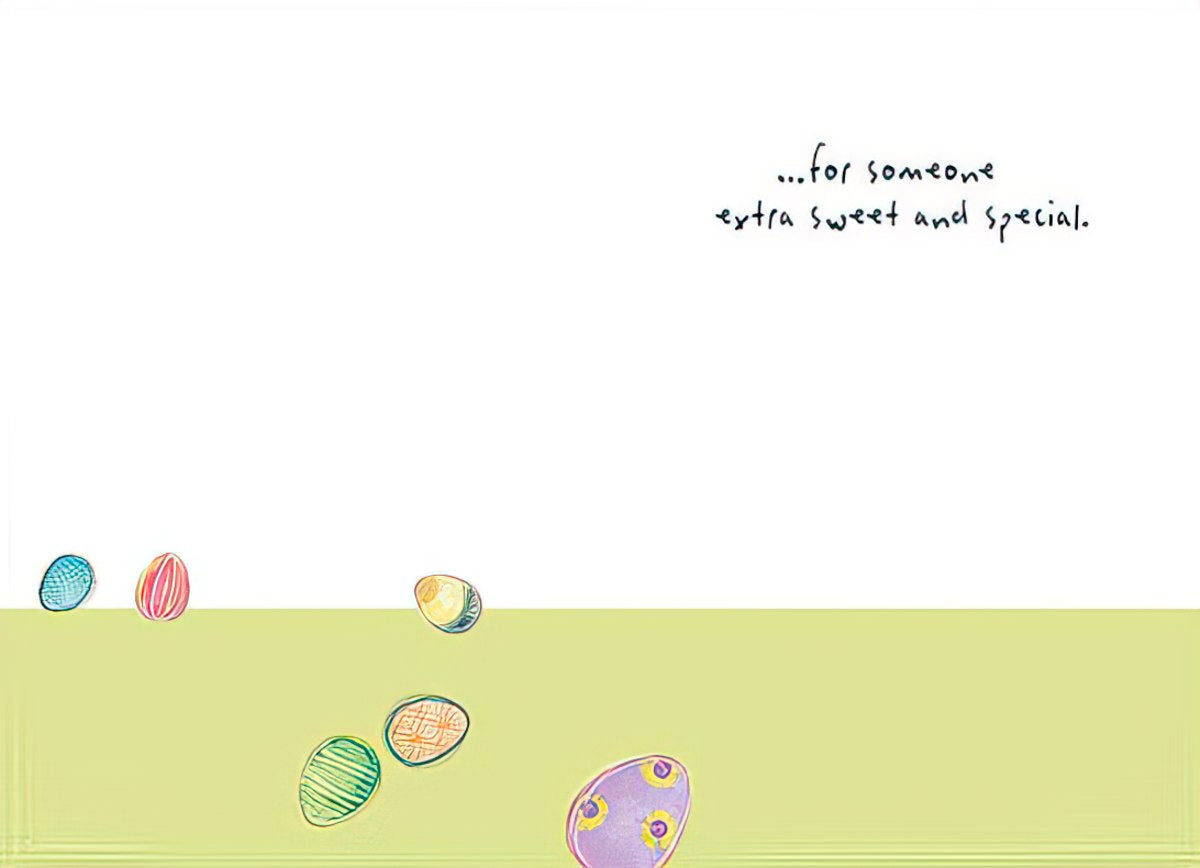 Inside of a sweet Easter card, showing colorful patterned eggs on a light green base, with the handwritten text '...for someone extra sweet and special.' Ideal for children.