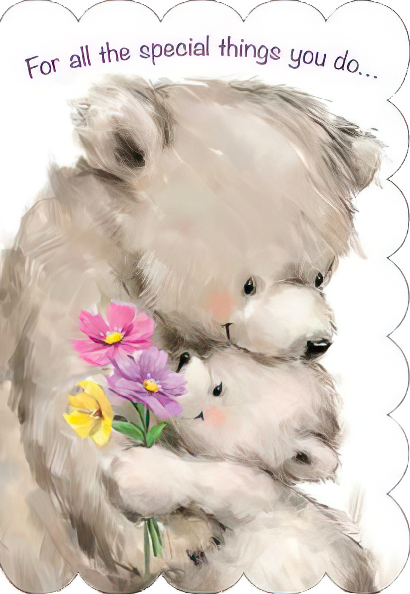 BABY BEAR HOLDS FLOWERS, HUGS MAMA BEAR