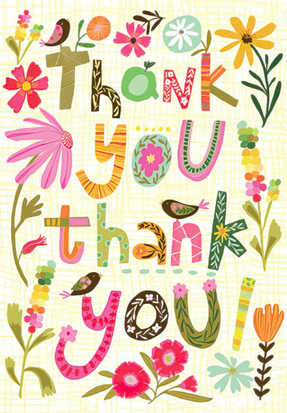 Colorful thank you card with whimsical floral and bird illustrations, featuring vibrant, decorative lettering on a textured yellow background.