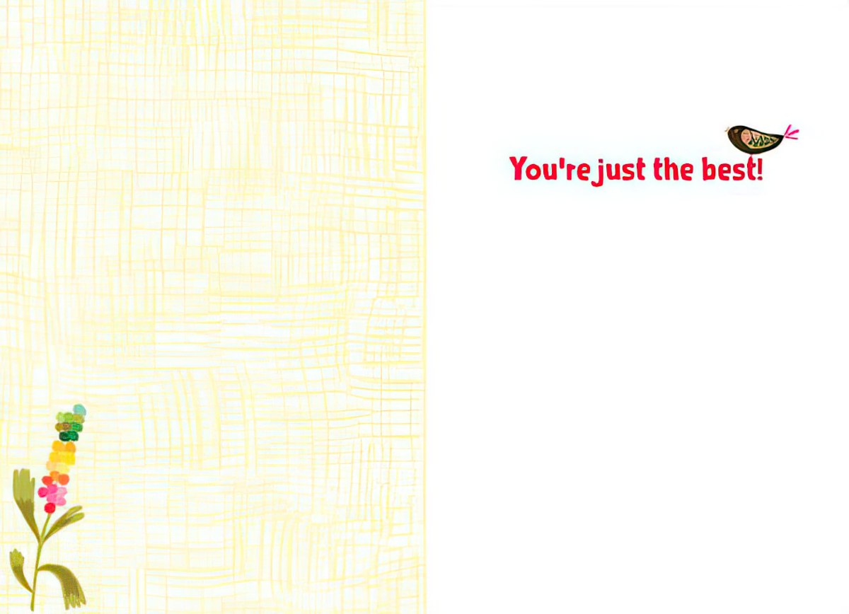 Inside of a thank you card, left side blank with faint texture, right side says "You're just the best!" in red text with small bird.