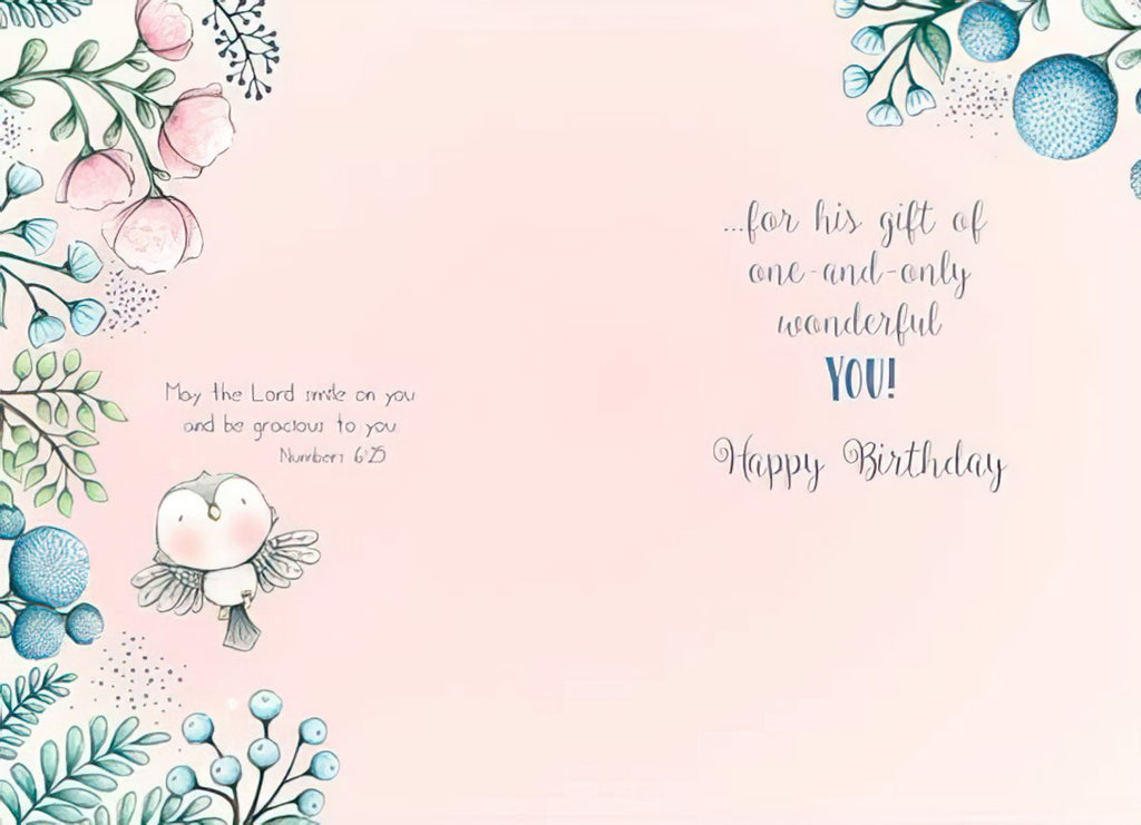 Open religious birthday greeting card with delicate floral border, an adorable bird, and scripture 'May the Lord smile on you and be gracious to you Numbers 6:24' and 'Happy Birthday' message.