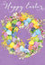 Colorful floral Easter egg wreath on purple background