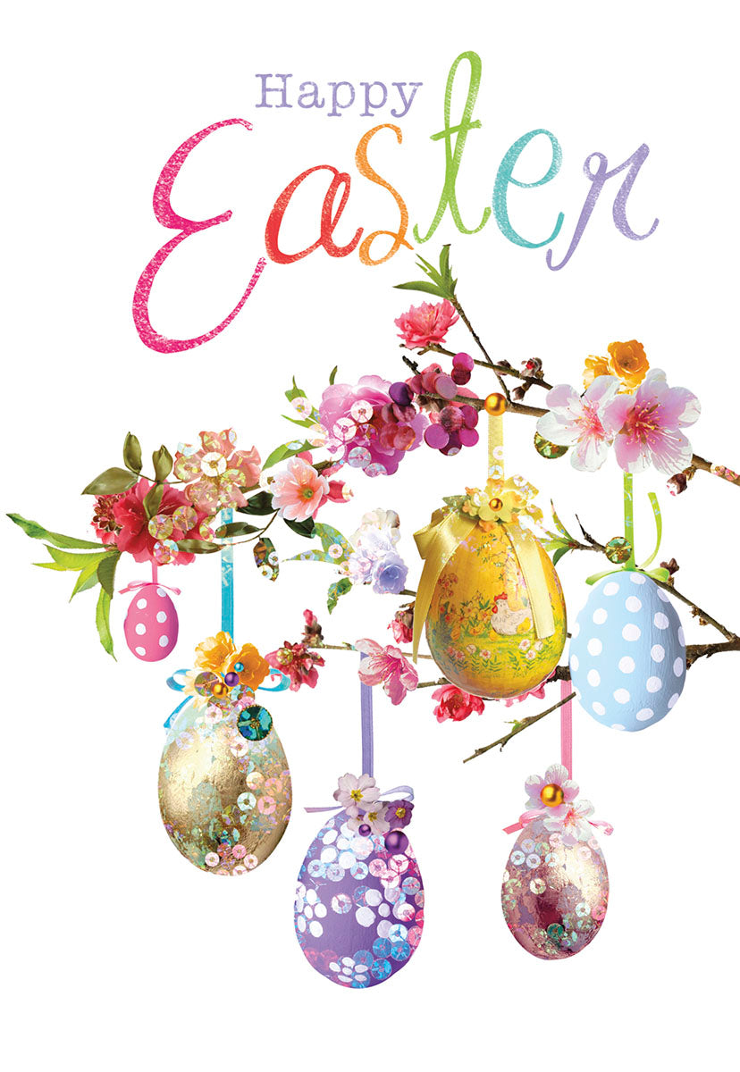 Vibrant Easter greeting card featuring 'Happy Easter' in colorful script, adorned with sparkling, decorated eggs hanging from a cherry blossom branch.