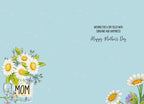 Inside view of a loving Mother's Day card, displaying white daisy floral accents and the heartfelt message: 'WISHING YOU A DAY FILLED WITH SUNSHINE AND HAPPINESS! Happy Mother's Day' on a soft blue background. Ideal for a parent.