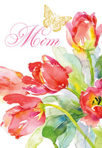 Front of a watercolor greeting card featuring vibrant red and pink tulips with green leaves, and a delicate gold butterfly above the script word 'Mom'. Perfect for expressing love and appreciation.