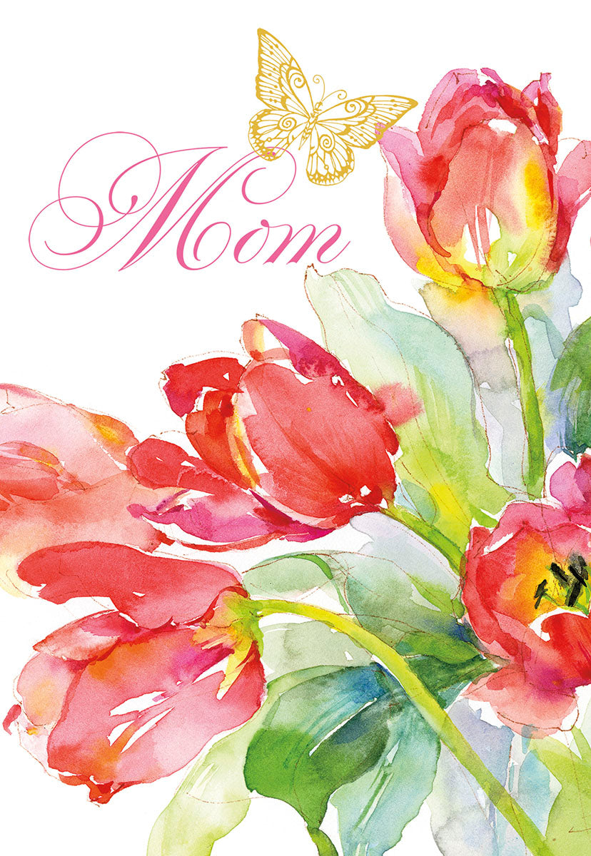 Front of a watercolor greeting card featuring vibrant red and pink tulips with green leaves, and a delicate gold butterfly above the script word 'Mom'. Perfect for expressing love and appreciation.