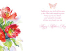 Inside of a heartfelt greeting card displaying watercolor tulips on the left, a gold butterfly, and a touching message of joy and love for a special woman on the right.